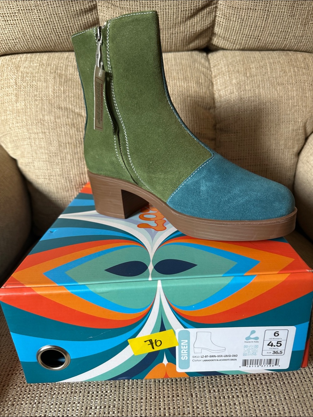 Women’s Two-Tone Green & Teal Suede Block Heel Bootie
